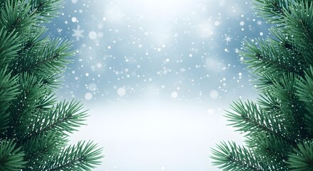 Softly falling snow drifts down through the branches of festive green pine trees creating a magical winter wonderland background
