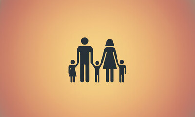 Simple silhouette icon of a four person family standing together against a warm radiant background
