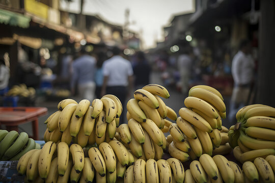 Abundant bunches of ripe yellow bananas displayed for sale at a bustling outdoor market stall