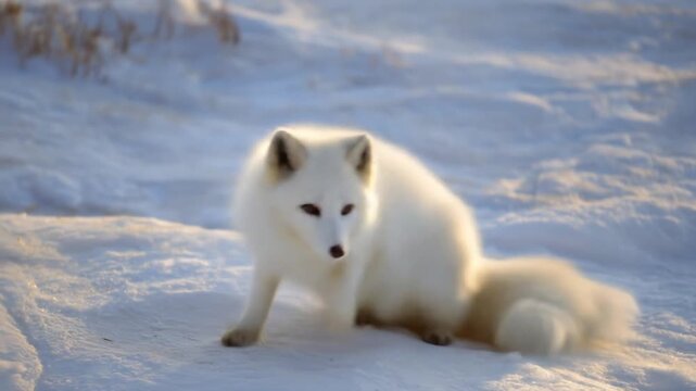 Arctic fox in snowy environment with soft sunlight and fluffy fur