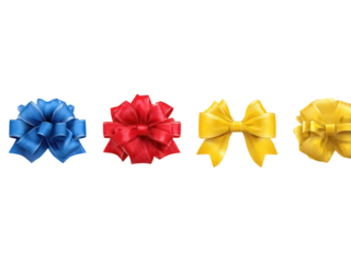 A row of bows in different colors, including blue, red, yellow, and green