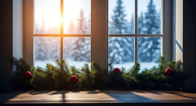 Cozy winter scene through a decorated window with sunlight streaming in on a snowy forest landscape