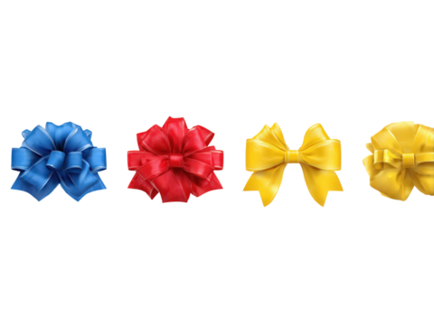 A row of bows in different colors, including blue, red, yellow, and green