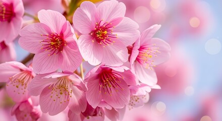 Close up of delicate pink cherry blossoms in full bloom with soft bokeh background and bright blue sky on a sunny spring day