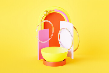 3d illustration of a  circle podium stand on the background of a geometric composition. 3d rendering. Minimalism geometry background