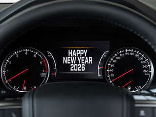 Close-up of an automobile instrument panel showing odometer, speedometer, tachometer, and fuel gauge, featuring a message that reads "Happy New Year 2026."