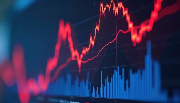Red line graph closeup shows financial market data decline on blue digital screen. Business economic charts illustrate price index changes and stock trends.