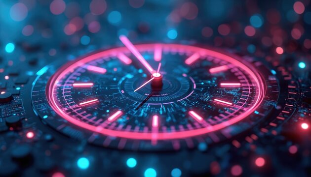 Futuristic clock with glowing pink neon hands on complex digital circuit board. High tech interface with vibrant blue data lights visualizes time, speed, progress. Abstract concept of future