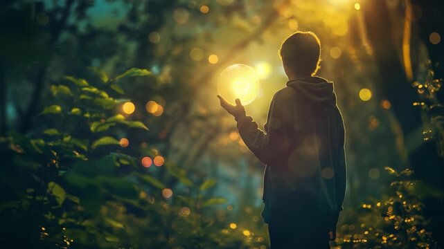 Mysterious boy holding glowing orb in magic forest