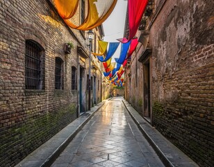 Cobbled Street Festivity: A narrow, historic street comes alive with vibrant decorations overhead, casting colorful reflections on the cobblestone pathway.