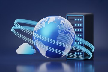 A 3D illustration of global network technology, showing cloud computing and a server data center connected to the world