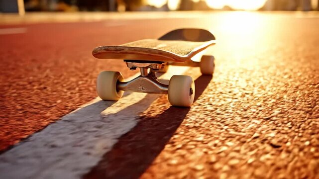 Cinematic Skateboard Ride Along a Sun-Kissed Asphalt Road During a Golden Hour Sunset