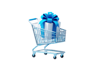 A shopping cart with a blue bow on top of it