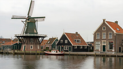 Idyllic Dutch Countryside: Picturesque Windmill Village by the Waterfront with Traditional Architecture – A Scenic Travel Escape in the Netherlands
