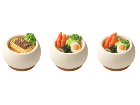 Three bowls of food with different ingredients