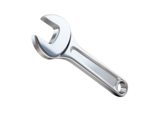A silver wrench is shown in a white background