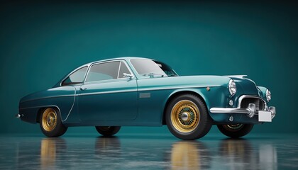 Classic Car in Teal: A meticulously maintained classic car, gleaming with a fresh coat of teal paint, is showcased in a studio setting. The timeless design exudes elegance and nostalgia.