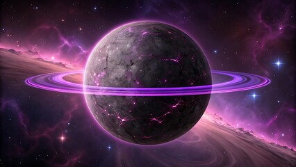 Cosmic violet planet with glowing rings space nebula