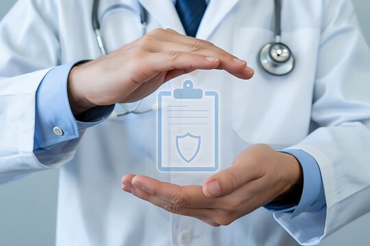 Doctor hands protect medical document shield protecting - Powered by Adobe