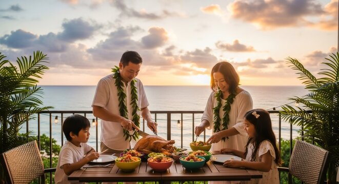 Asian family celebrating Thanksgiving with roasted turkey and colorful side dishes on a balcony overlooking the ocean at sunset. - Powered by Adobe
