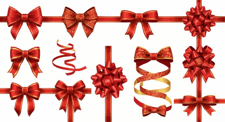 Vibrant vector collection of festive red bows and ribbons, perfect for winter and Christmas gift wrapping, holiday decorations, and celebration designs