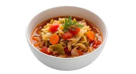 A hearty bowl of fresh vegetable cabbage soup with tomatoes and carrots for healthy eating. isolated PNG with Transparent Background