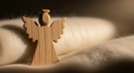 Wooden angel figure rests on a fluffy white surface radiating peace and timeless spiritual grace