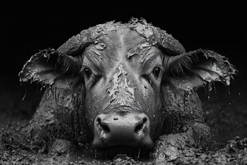 Buffalo submerged in mud, close-up