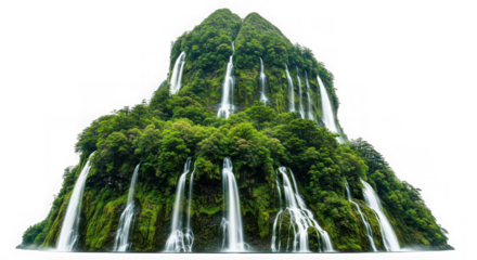 Tropical mountain covered in lush greenery and waterfalls