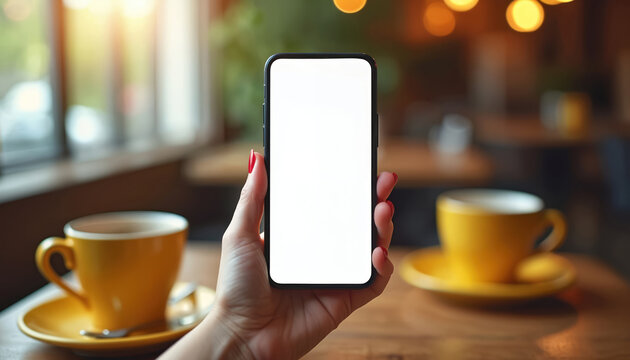 Woman holds smartphone with white screen at cafe table with coffee cups. Mobile device with copy space for app interface, website or ad, easy to use for marketing.