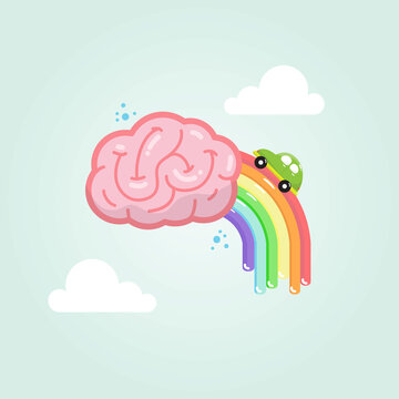 pink brain with rainbow rain and green car flew in the sky with white clouds