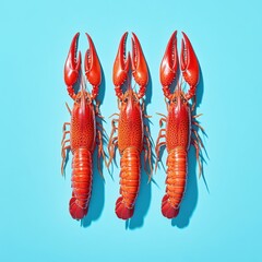Three bright red crawfish arranged in a row on a vibrant blue background with harsh shadows