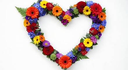Colorful floral heart arrangement against a white background, full of vibrant Gerbera daisies