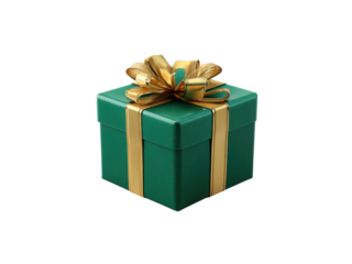 A green box with gold ribbons on top of it