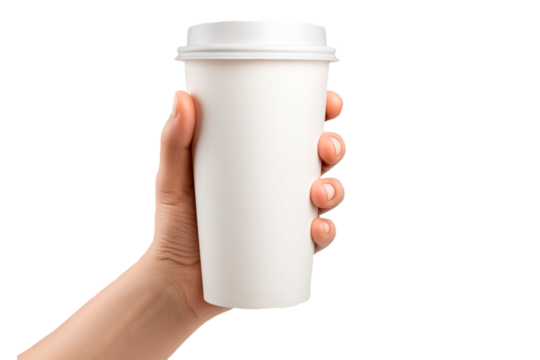 hand holding a white cup