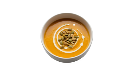 Top View of Creamy Orange Soup with Pumpkin Seeds and Cream Swirl isolated PNG with Transparent Background