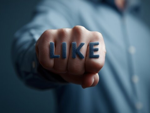 Businessman showing like word written on hand knuckles