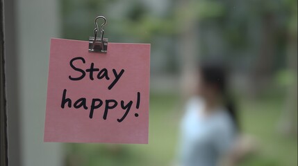 Pink sticky note saying stay happy hanging on a window