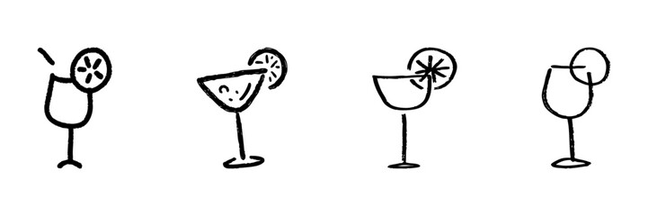 Obraz premium Cocktail Glasses With Citrus Garnish Line Icon Set In Doodle Style. Refreshing Beverage, Summer Drinks, And Party Celebration Outline Sketch Collection. Hand Drawn Isolated Vector Illustration