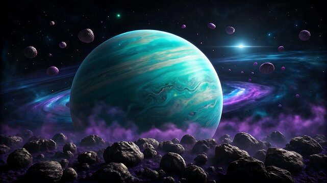 Colossal turquoise planet with purple nebula and asteroids