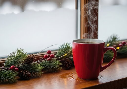 Enjoying a steaming cup of coffee by the snowy window, perfect for cozy winter vibes and holiday cheer, bringing warmth and comfort to your seasonal designs