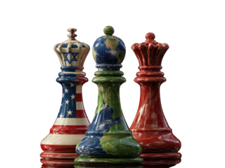 Three chess pieces with the United States, Israel, and the world on them