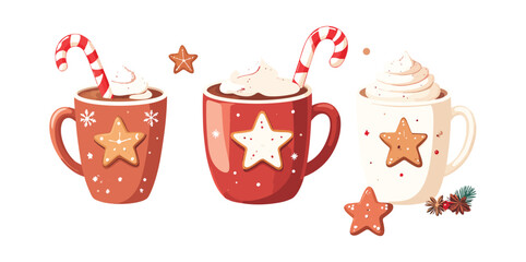 Christmas winter drink cup set with  candy cane and gingerbread star  vector illustration
