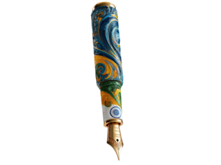 A gold and blue pen with a blue and yellow swirl design