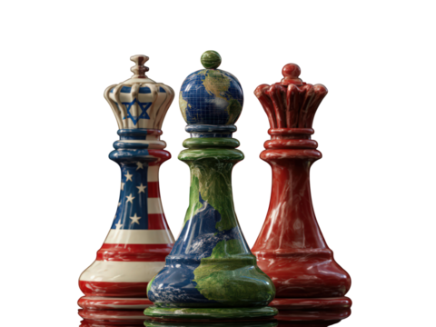 Three chess pieces with the United States, Israel, and the world on them