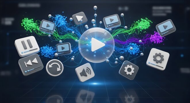 Immersive digital multimedia experience with floating player controls and vibrant data streams, symbolizing advanced online video streaming and interactive user interface