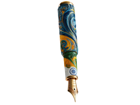 A gold and blue pen with a blue and yellow swirl design - Powered by Adobe
