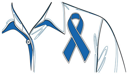 Blue ribbon on collared shirt symbolizing support and awareness  