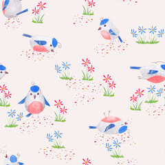 Funny birds. Children's seamless pattern with cartoon birds and flowers on a soft pink background.