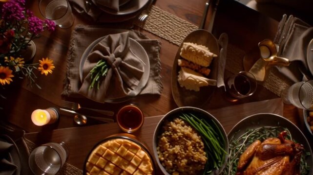 Cinematic Close-Up Camera Walk-Through of a Thanksgiving Feast, Showcasing Rich Textures, Warm Lighting, Festive Dishes, Autumn Colors and an Abundant Holiday Table Filled with Delicious Homemade Food